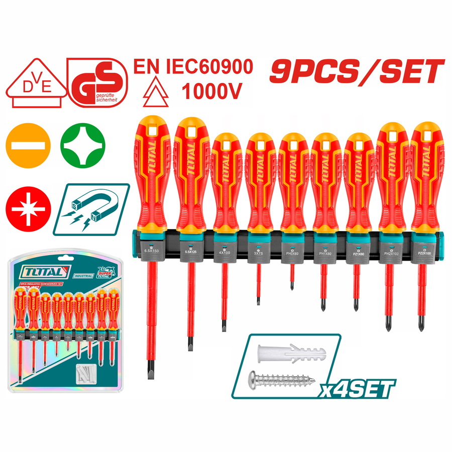 JEU DE TOURNEVIS ISOLANT ELECTRICIEN TOTAL 9PCS THTIS596